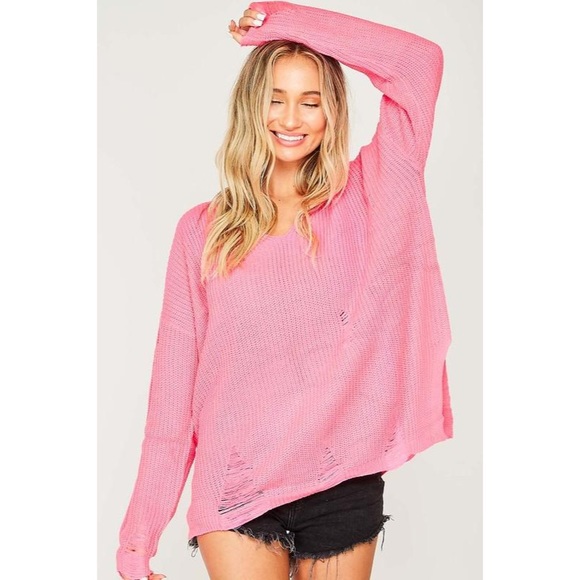 Neon Pink Distressed V-Neck Sweater NWT - Picture 3 of 8